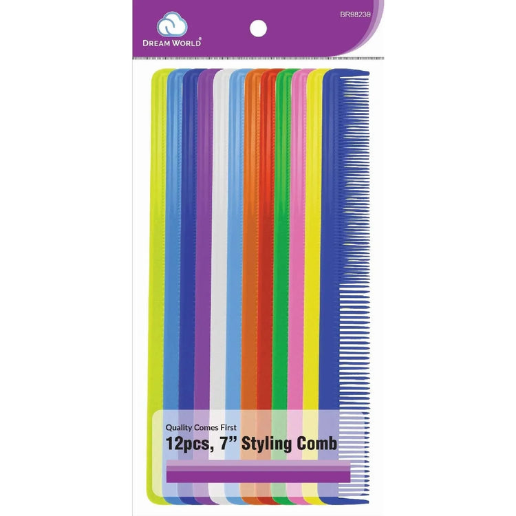 Brittny Bulk Styling 7 combs in assorted colors, twelve durable plastic combs for hair styling, bulk styling combs.