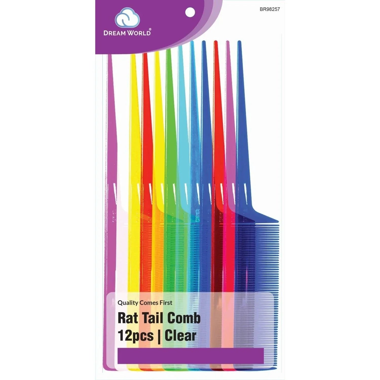 Brittny Bulk Rat Tail Comb set in assorted clear colors, featuring twelve high-quality rat tail combs.
