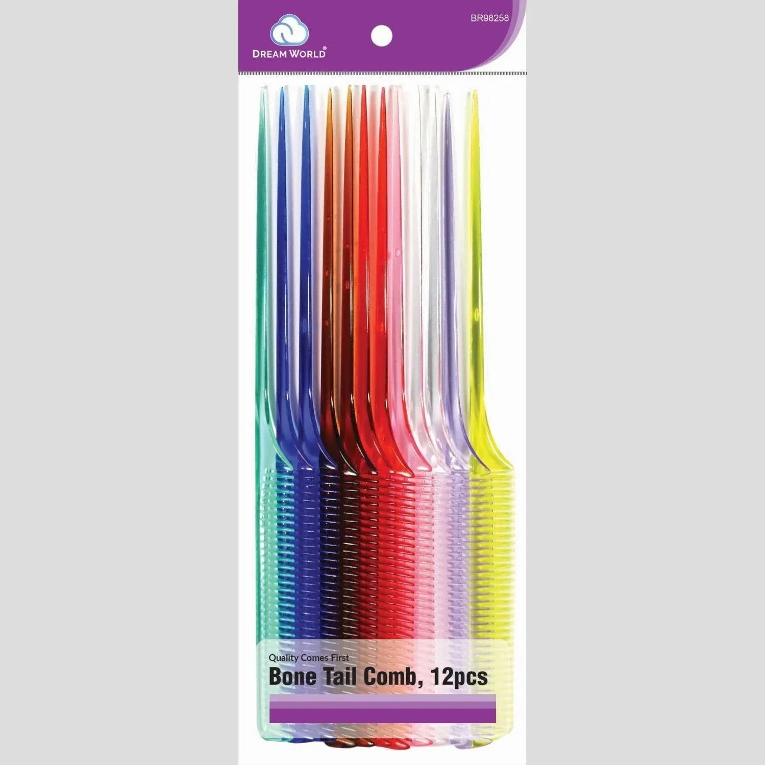 Brittny bulk bone tail comb set in assorted clear colors, featuring 12 high-quality combs in vibrant hues.
