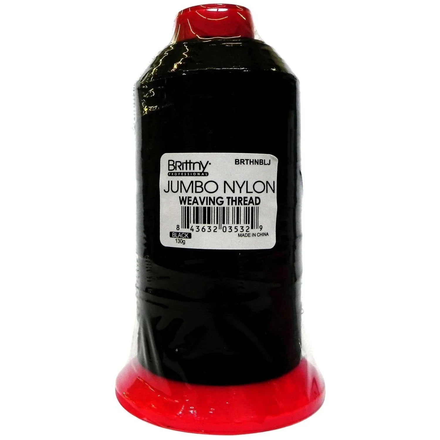 Brittny Jumbo Nylon Weaving Thread Black in a black and red spool, 130g, ideal for weaving machines and hair extensions.