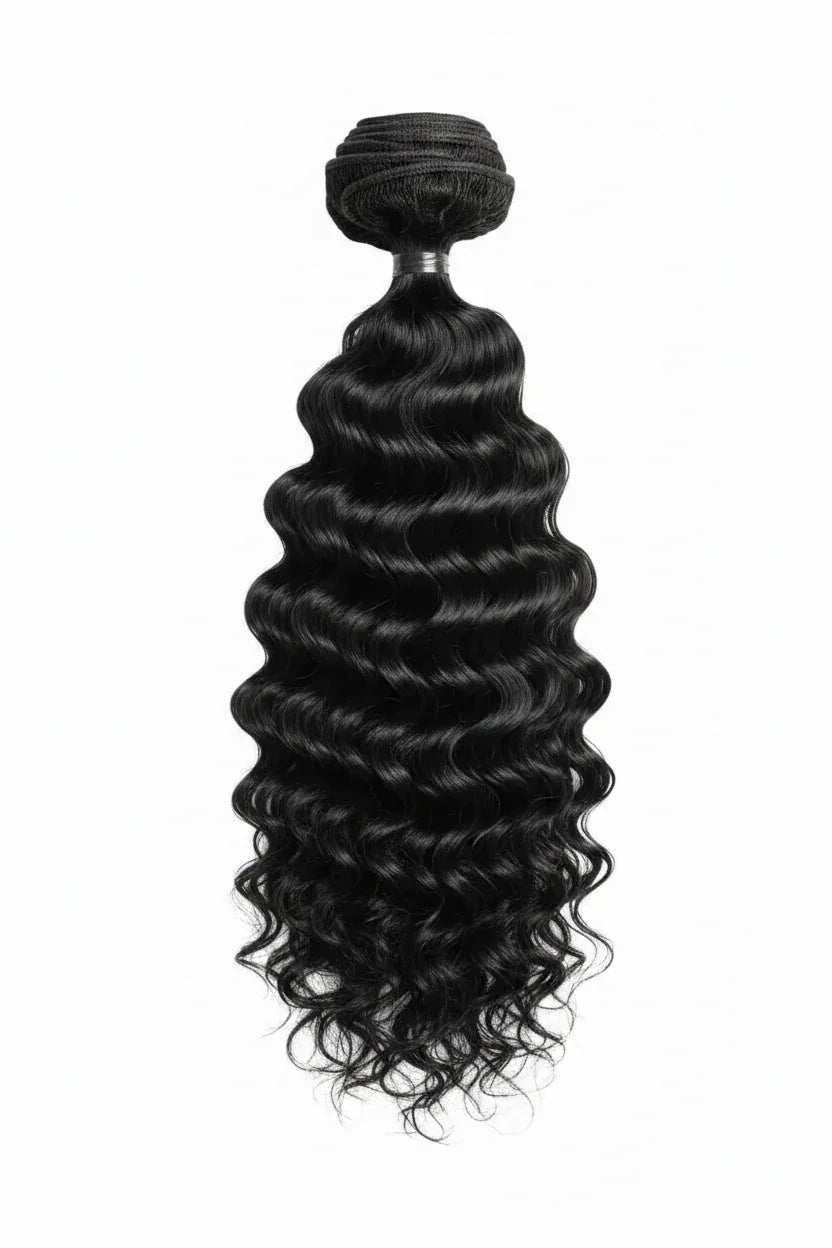 Black curly hair bundle with a visible brand label on a gray background