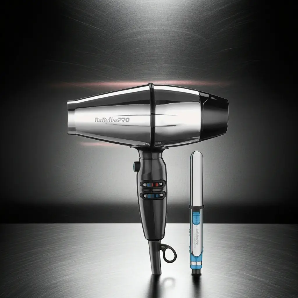 BabylissPRO SteelFX hair dryer with mini iron, silver nozzle and black handle