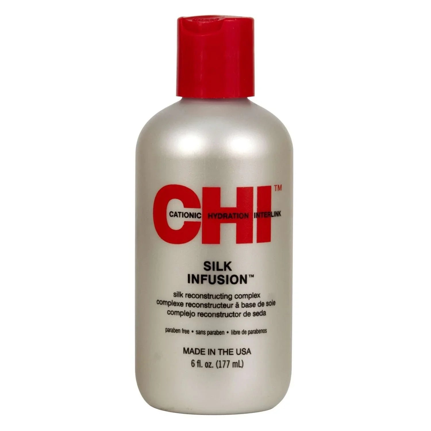 Chi Silk Infusion hair treatment in a 6 oz bottle, designed for hair strengthening and moisture.