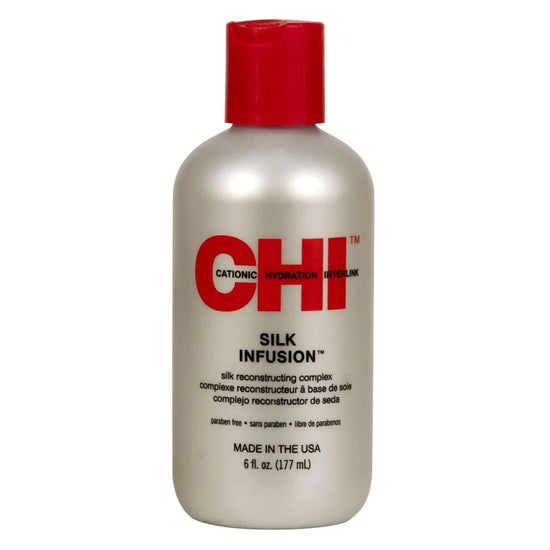 Chi Silk Infusion hair treatment in a 6 oz bottle, designed for hair strengthening and moisture.