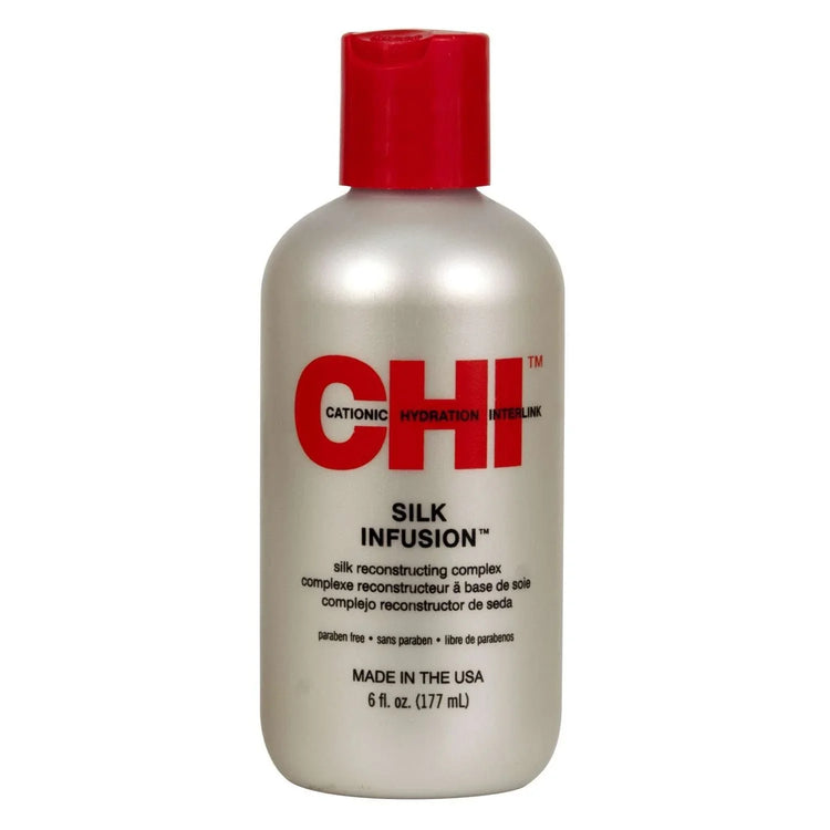 Chi Silk Infusion hair treatment in a 6 oz bottle, designed for hair strengthening and moisture.