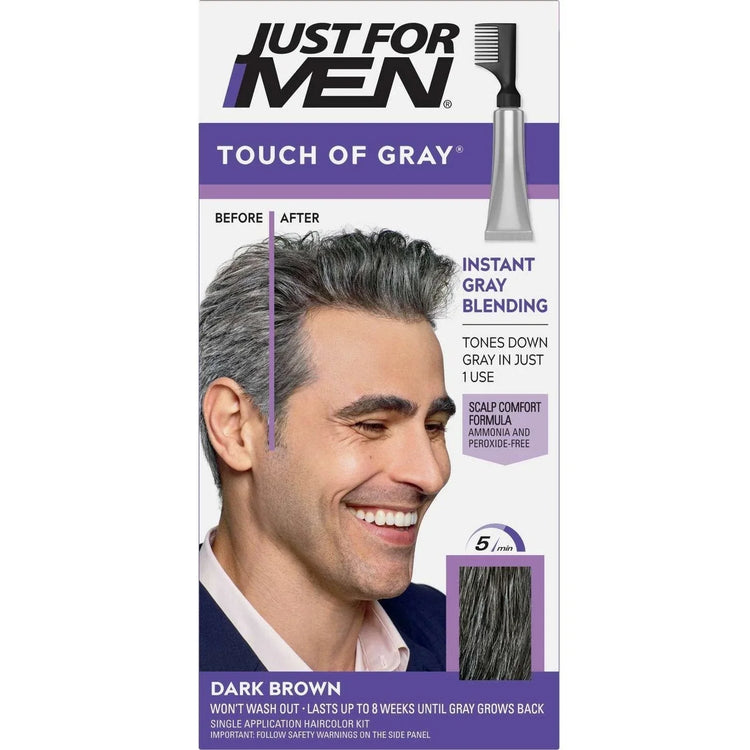 Just For Men Touch Of Gray Dark Brown product packaging showing before and after results of gray blending.