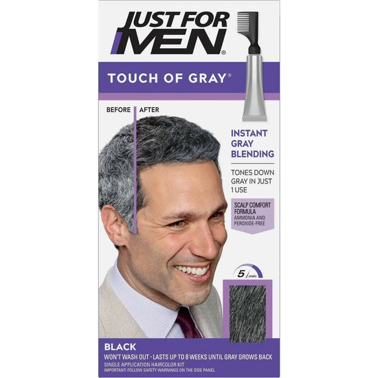 Just For Men Touch Of Gray Black instant gray blending formula, before and after results showcasing natural look.