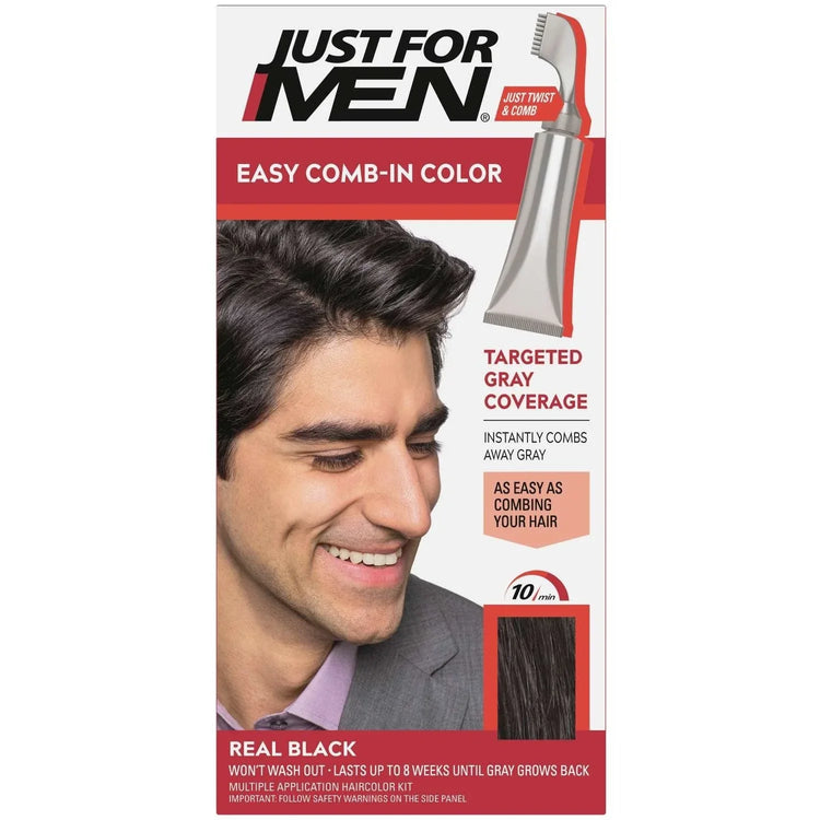 Just for Men Autostop Real Black hair color packaging with easy comb-in applicator and model demonstrating usage.