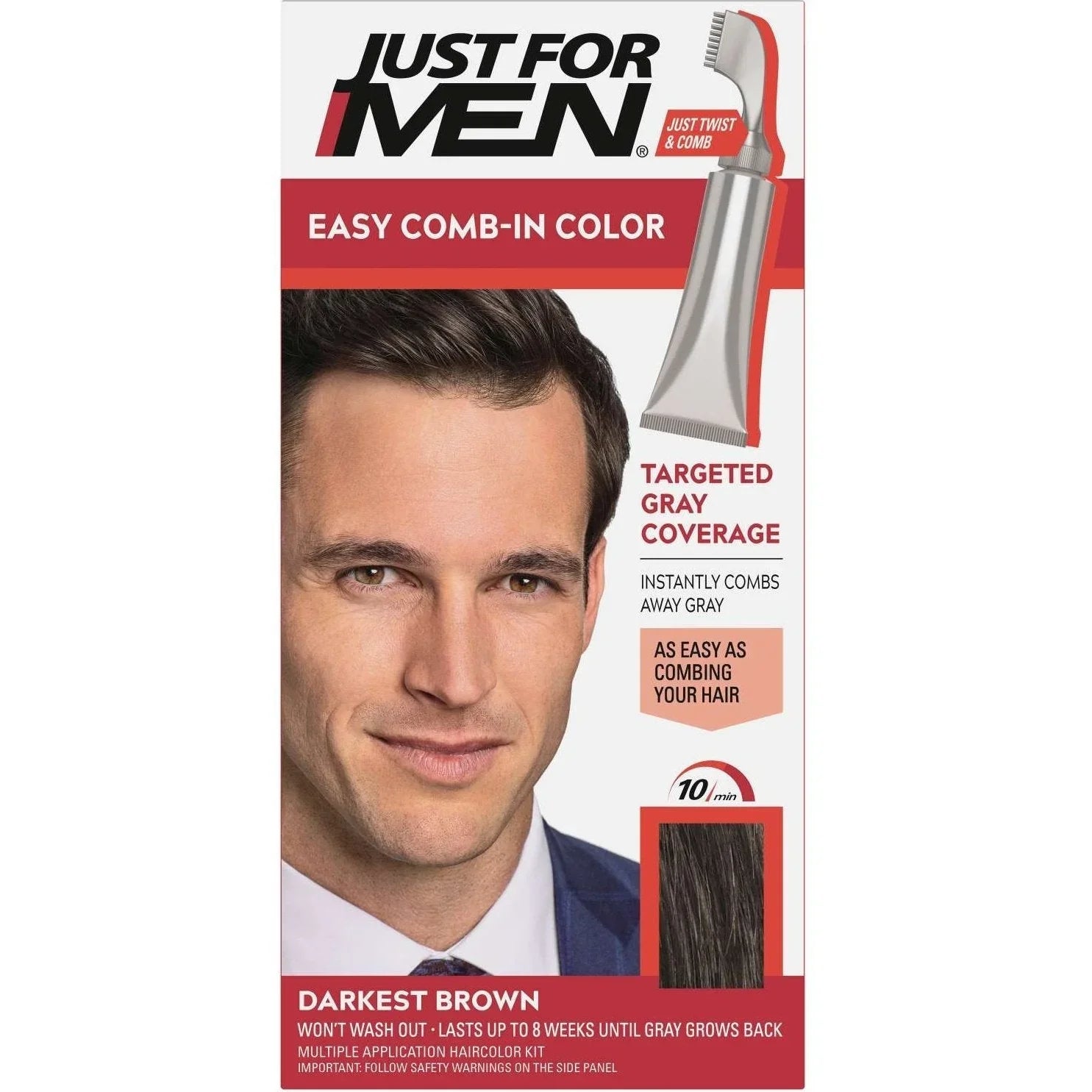 Just For Men dark brown hair color with easy comb-in applicator for targeted gray coverage.
