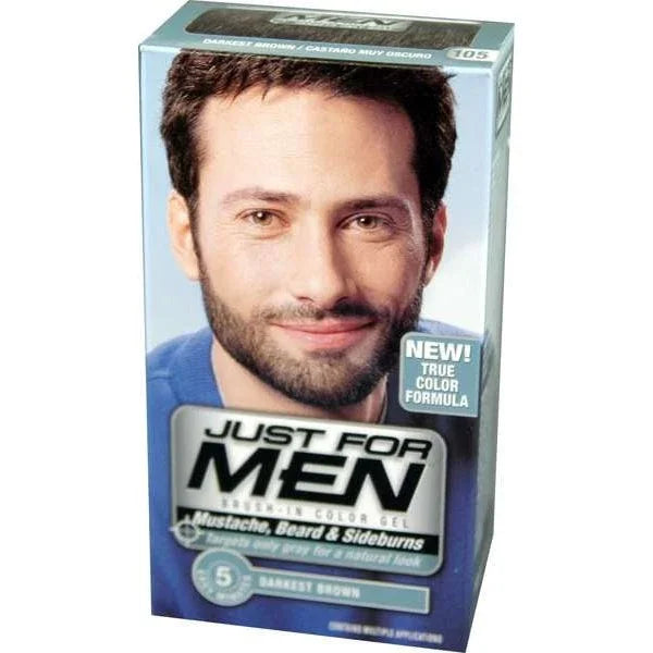 Just For Men Darkest Brown Beard Dye packaging featuring a man with a well-groomed beard and mustache.