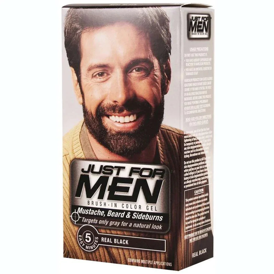 Just For Men beard color real black product packaging with man smiling and natural-looking beard.