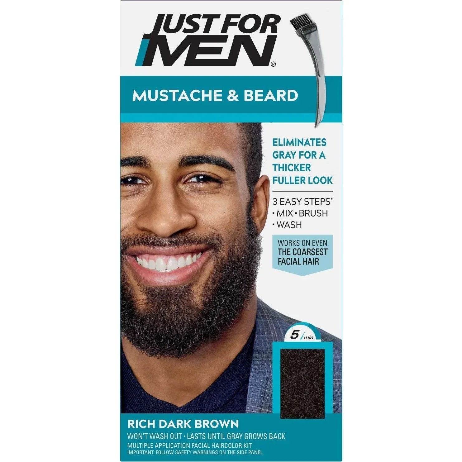 Just For Men beard color packaging showcasing rich dark brown mustache and beard color for fuller look and gray elimination.