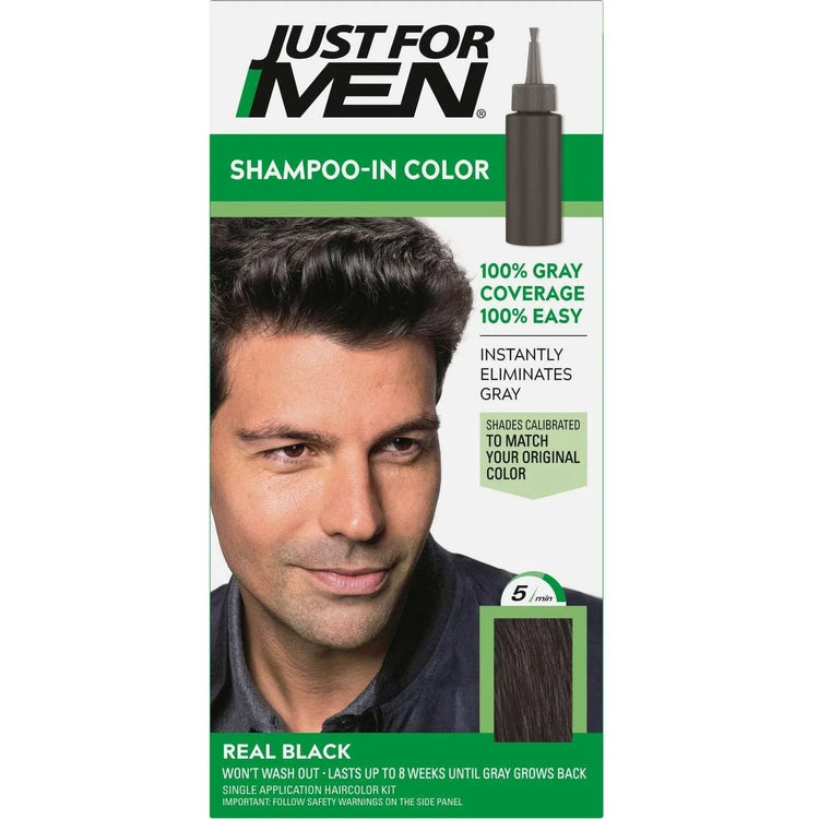 Just For Men 55 Real Black shampoo-in hair color for men, 100% gray coverage in 5 minutes.