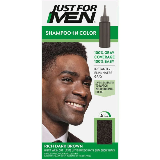 Just For Men Rich Dark Brown hair color shampoo-in bottle for easy gray coverage.