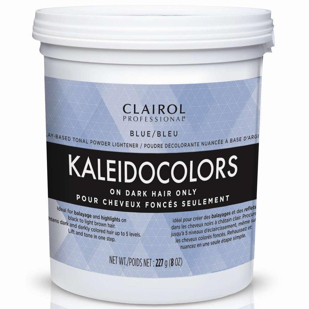 Clairol Professional Kaleidocolors blue powder hair lightener for dark hair in a container.