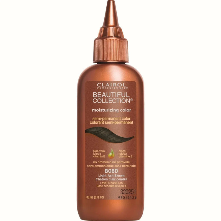 Clairol Beautiful Collection 8 Light Ash Brown hair dye bottle for semi-permanent coloring and moisturizing care.