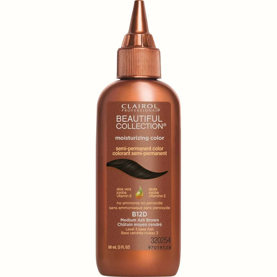 Clairol Beautiful Collection medium ash brown hair color bottle with moisturizing formula and nourishing ingredients.