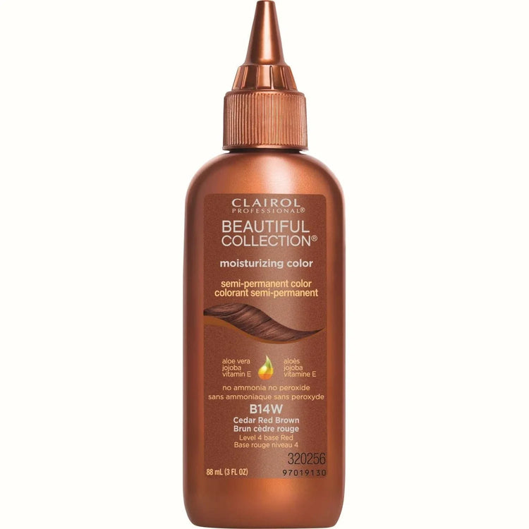 Clairol Beautiful Collection Cedar Red Brown semi-permanent hair color in a moisturizing 3oz bottle.