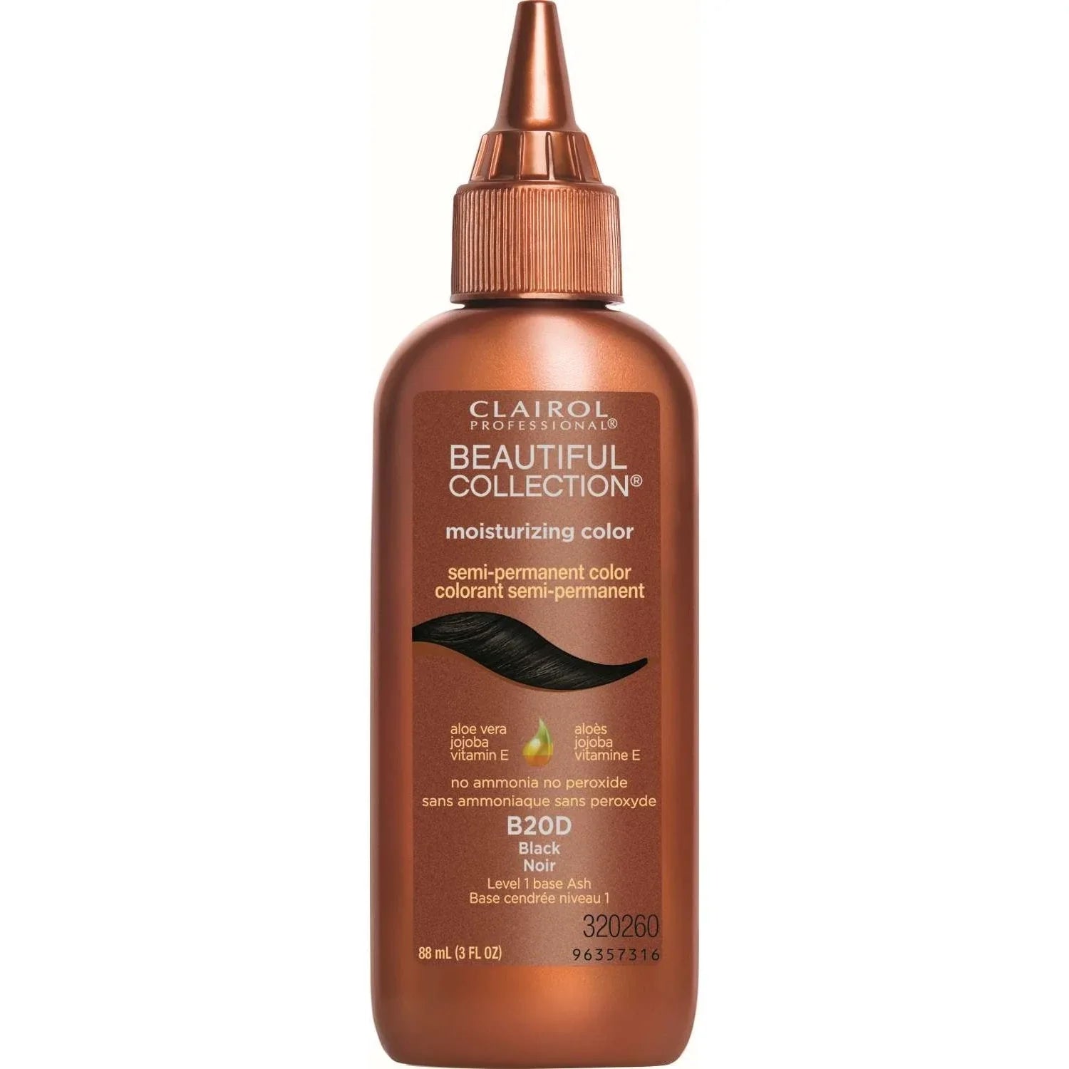 Clairol Beautiful Collection 20 Black semi-permanent hair color bottle, featuring moisturizing ingredients for vibrant results.