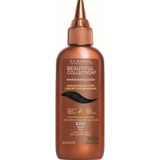 Clairol Beautiful Collection 20 Black semi-permanent hair color bottle, featuring moisturizing ingredients for vibrant results.