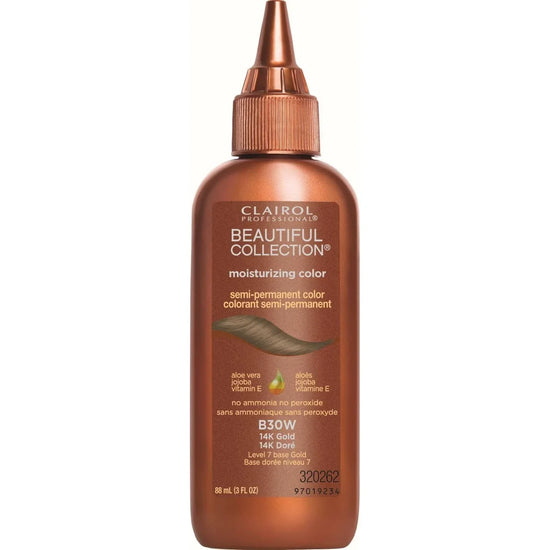 Clairol Professional Beautiful Collection 14k gold semi-permanent hair color bottle for vibrant, nourishing hair.