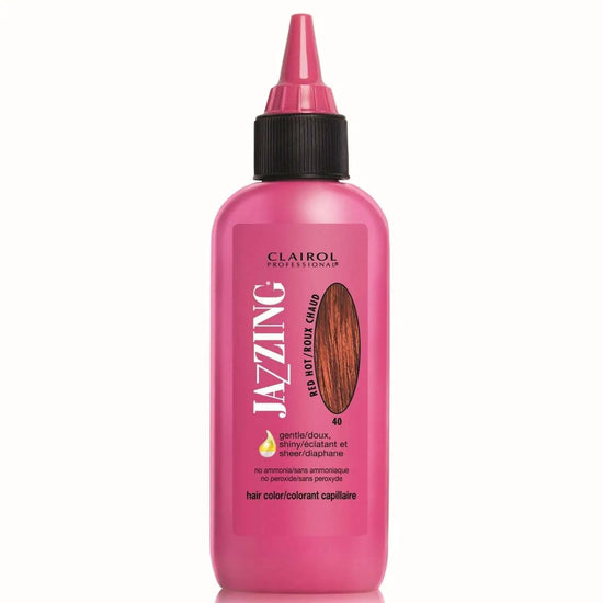 Temporary hair color bottle in Red Hot shade, magenta liquid with flip-top nozzle