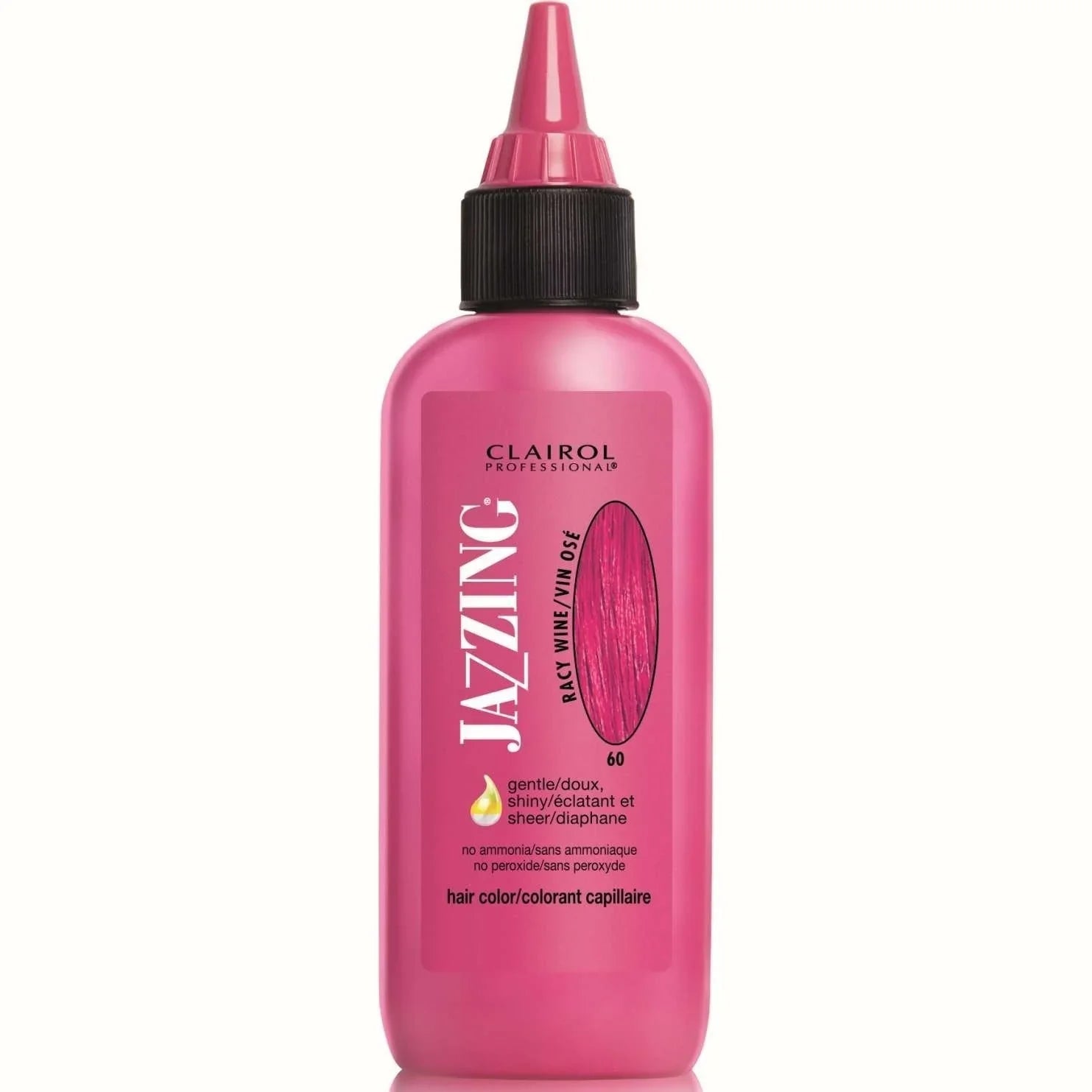 Clairol Jazzing Temporary Hair Color Racy Wine 60 in a bright pink bottle for vibrant, glossy hair hues.