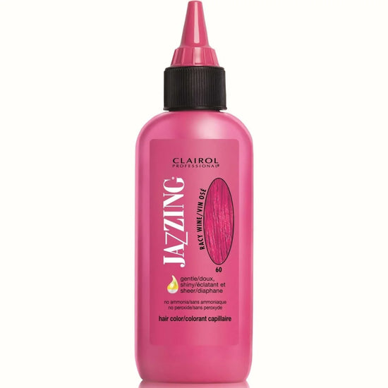 Clairol Jazzing Temporary Hair Color Racy Wine 60 in a bright pink bottle for vibrant, glossy hair hues.