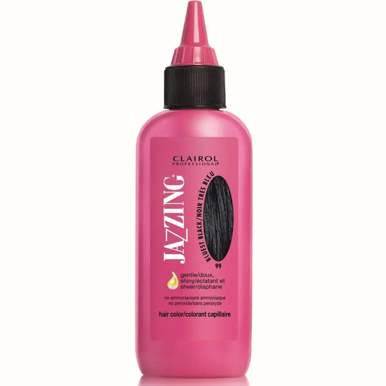 Jazzing Temporary Hair Color 99 Bluest Black by Clairol Professionals, semi-permanent hair color bluest black in a vibrant pink bottle.