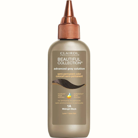 Beautiful Collection Advanced Gray Solution 1A bottle featuring advanced gray hair color midnight black for vibrant coverage.