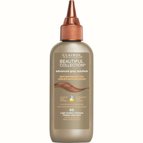 Beautiful Collection Advanced Gray Solution 6G semi-permanent light golden chestnut hair color in a bottle.