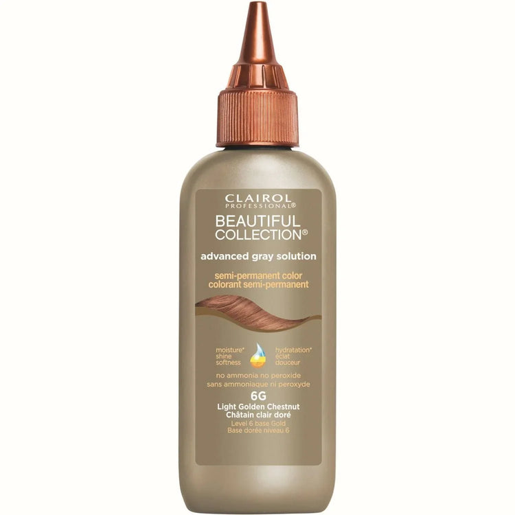 Beautiful Collection Advanced Gray Solution 6G semi-permanent light golden chestnut hair color in a bottle.