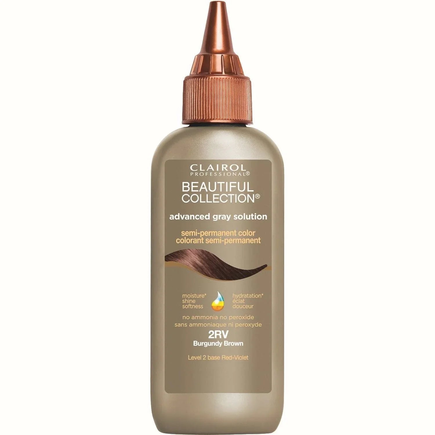 Beautiful Collection Advanced Gray Solution 2RV Burgundy Brown, advanced gray hair color burgundy brown in a bottle.