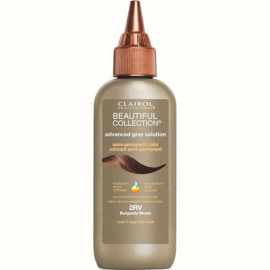 Beautiful Collection Advanced Gray Solution 2RV Burgundy Brown, advanced gray hair color burgundy brown in a bottle.