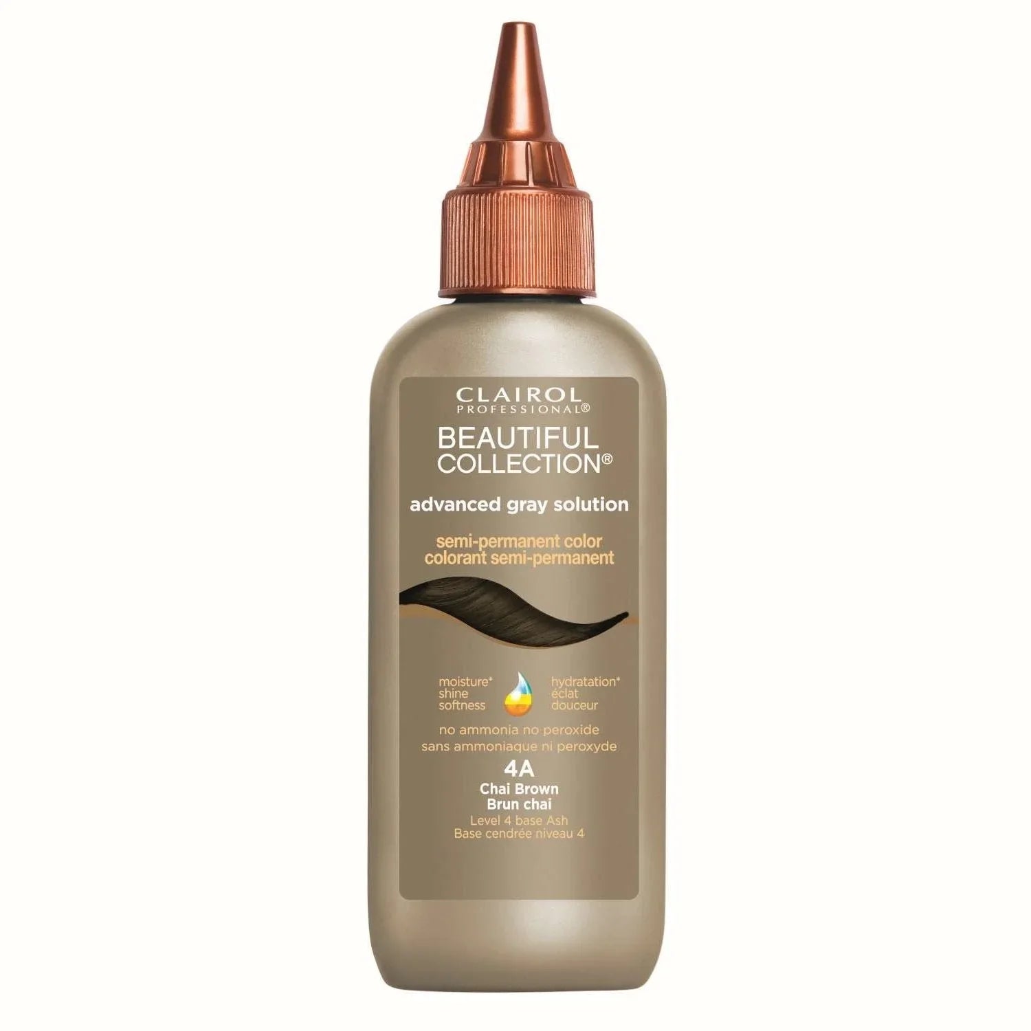 Clairol Beautiful Collection Advanced Gray Solution 4A semi-permanent hair color Chai Brown bottle on white background.