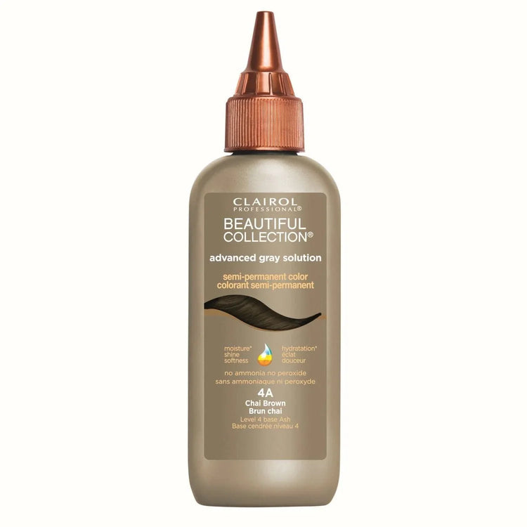 Clairol Beautiful Collection Advanced Gray Solution 4A semi-permanent hair color Chai Brown bottle on white background.