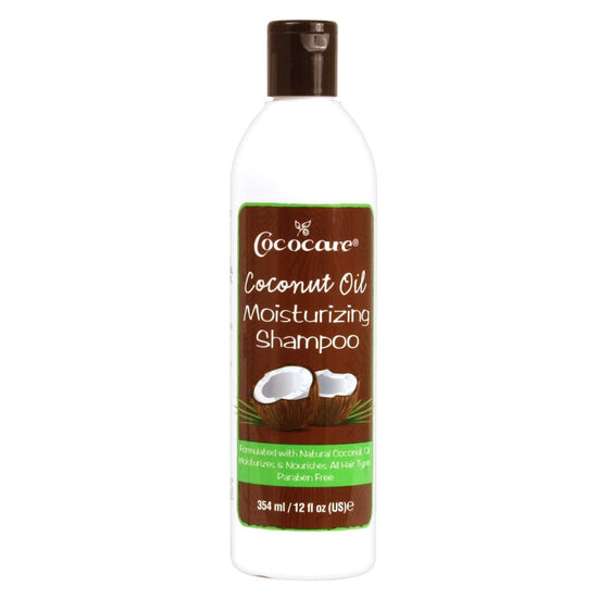 Cococare coconut oil moisturizing shampoo bottle, white with brown label and cap