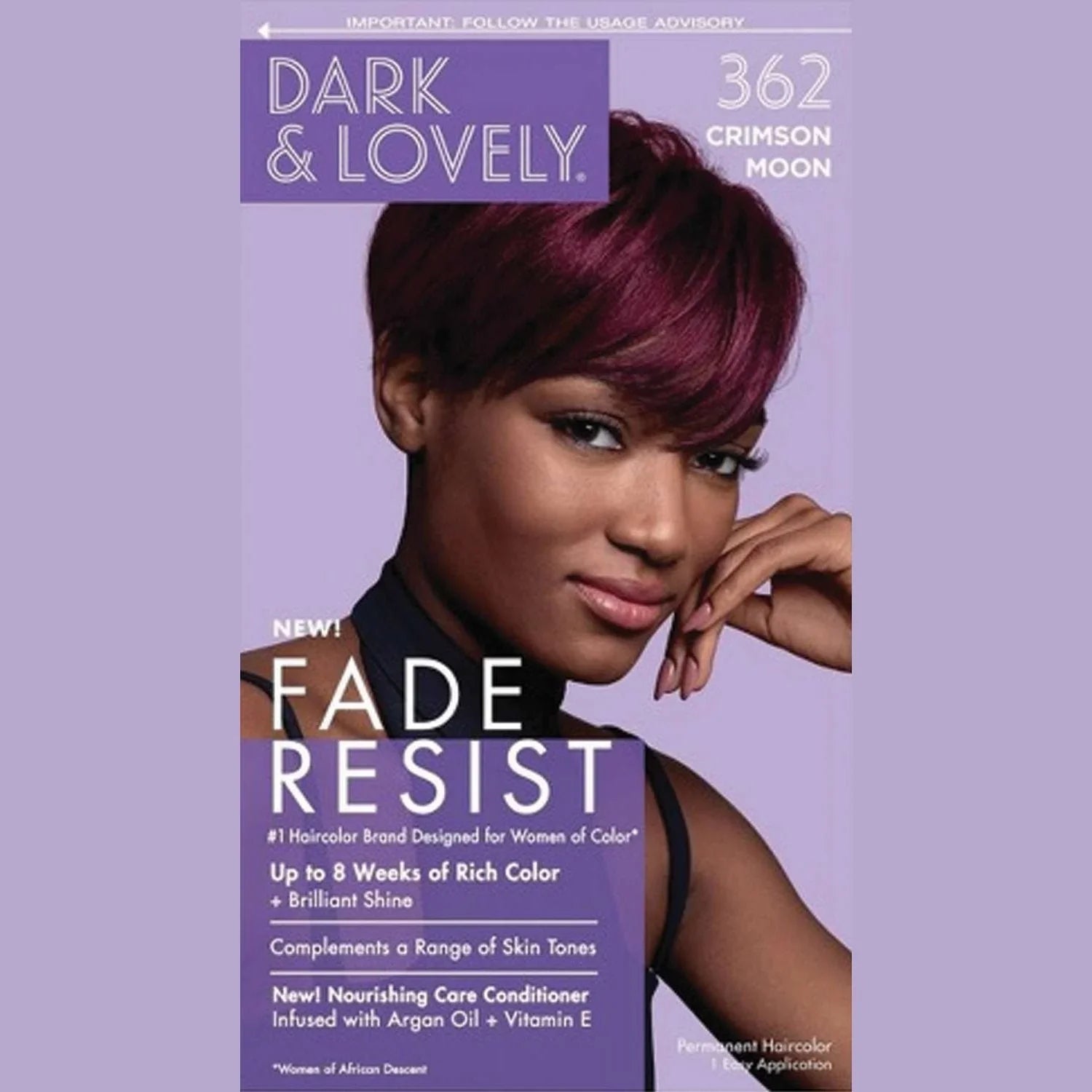 Dark Lovely Fade-Resist Crimson Moon hair color packaging showcasing vibrant fade-resistant hair color with Argan oil.