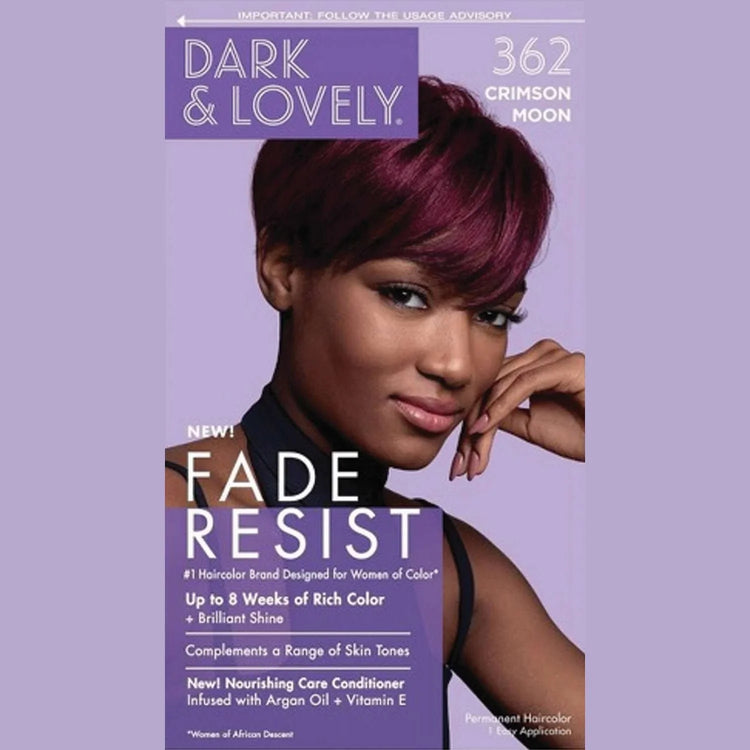 Dark Lovely Fade-Resist Crimson Moon hair color packaging showcasing vibrant fade-resistant hair color with Argan oil.