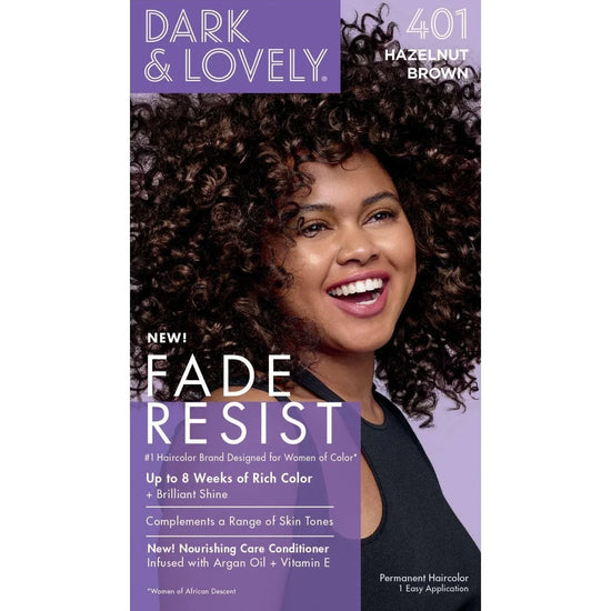 Dark Lovely Fade Resist Hazelnut Brown product packaging with vibrant colors and model showcasing hair color.