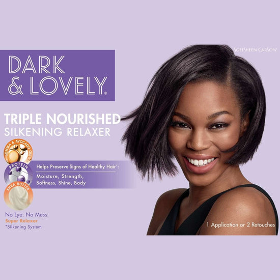 Hair relaxer box with model portrait, dark purple packaging