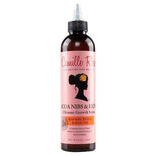 Camille Rose Cocoa Nibs Honey Ultimate Growth Serum for hair growth serum with cocoa nibs.
