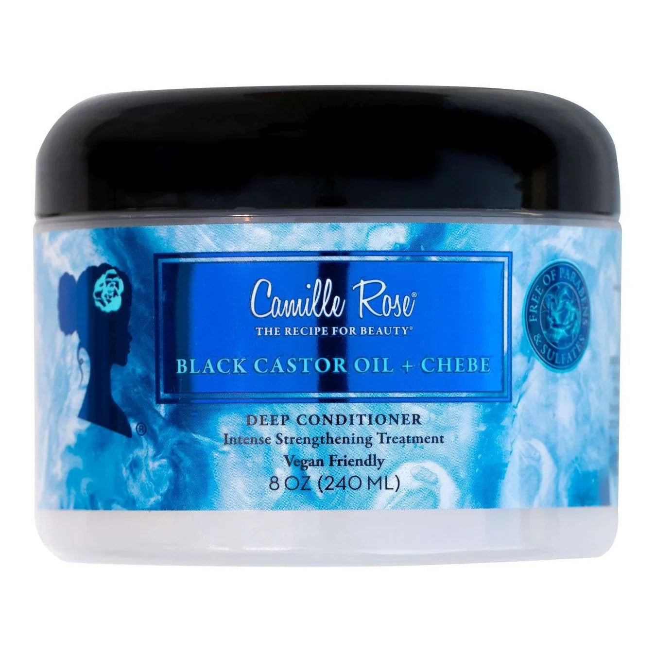 Camille Rose Black Castor Oil Chebe Deep Conditioner 8 oz, a vegan-friendly black castor oil deep conditioner.