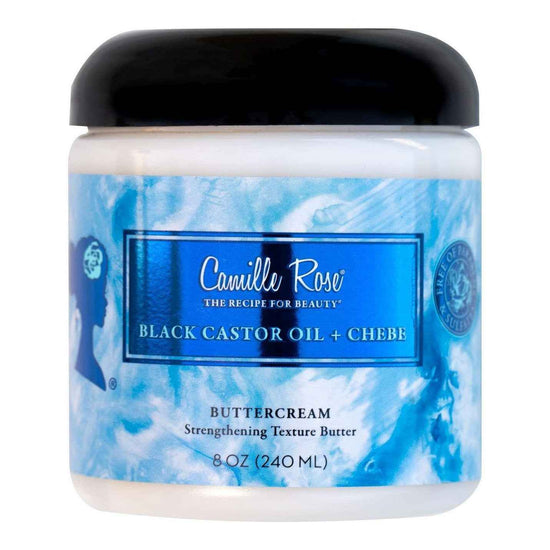 Camille Rose black castor oil + chebe butter cream in jar with black lid