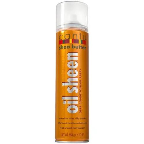 Cantu Shea Butter Oil Sheen hair spray bottle, amber liquid, clear cap (10 oz)