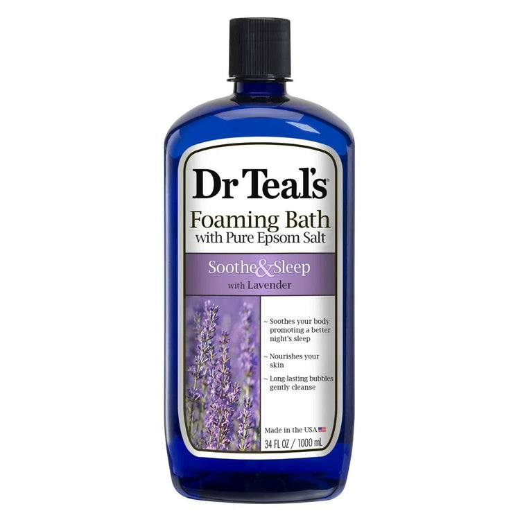 Dr Teals Soothe Sleep with Lavender Foaming Bath featuring Epsom salt for relaxation and better sleep.