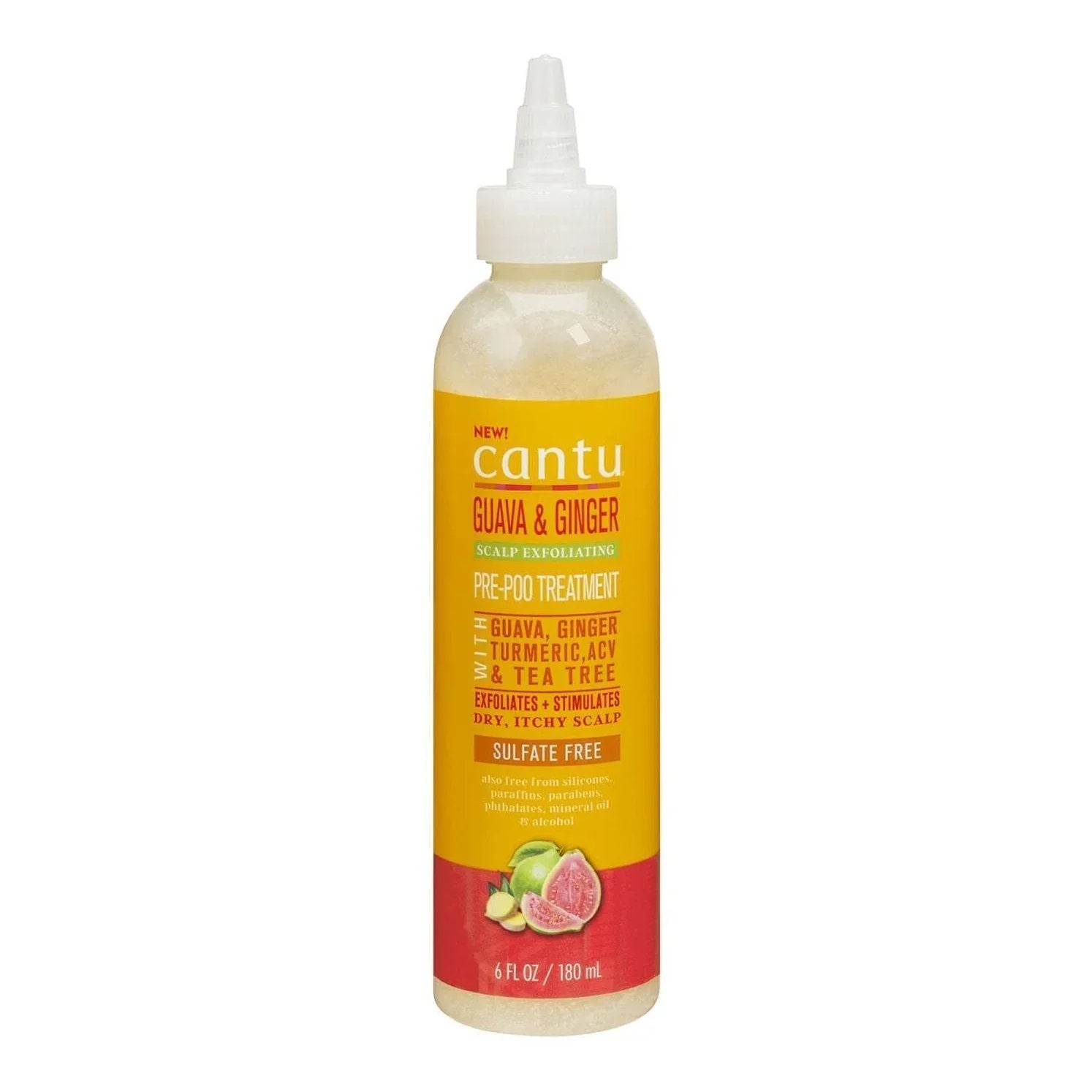 Cantu Guava Ginger scalp exfoliating pre-poo treatment bottle for dry itchy scalps, sulfate free, 6 fl oz