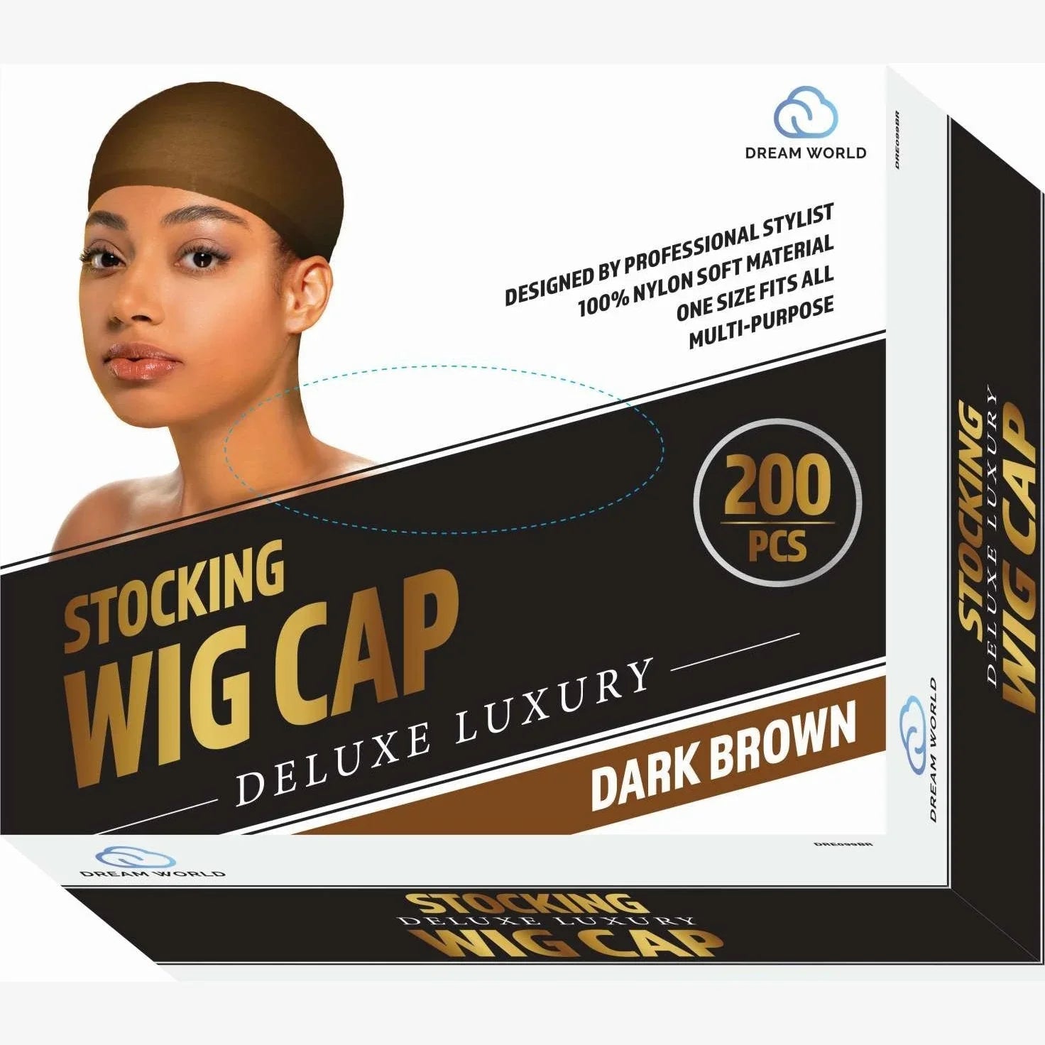 Dream Women stocking wig cap packaging showcasing dark brown color and professional design with 200 pieces.
