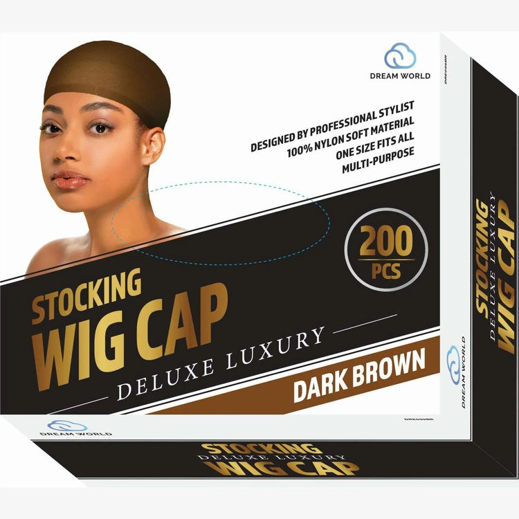 Dream Women stocking wig cap packaging showcasing dark brown color and professional design with 200 pieces.
