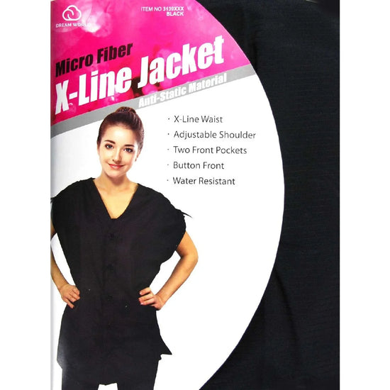Dream Salon Wear X-Line Jacket Black, a salon wear jacket, featuring anti-static material and adjustable design.